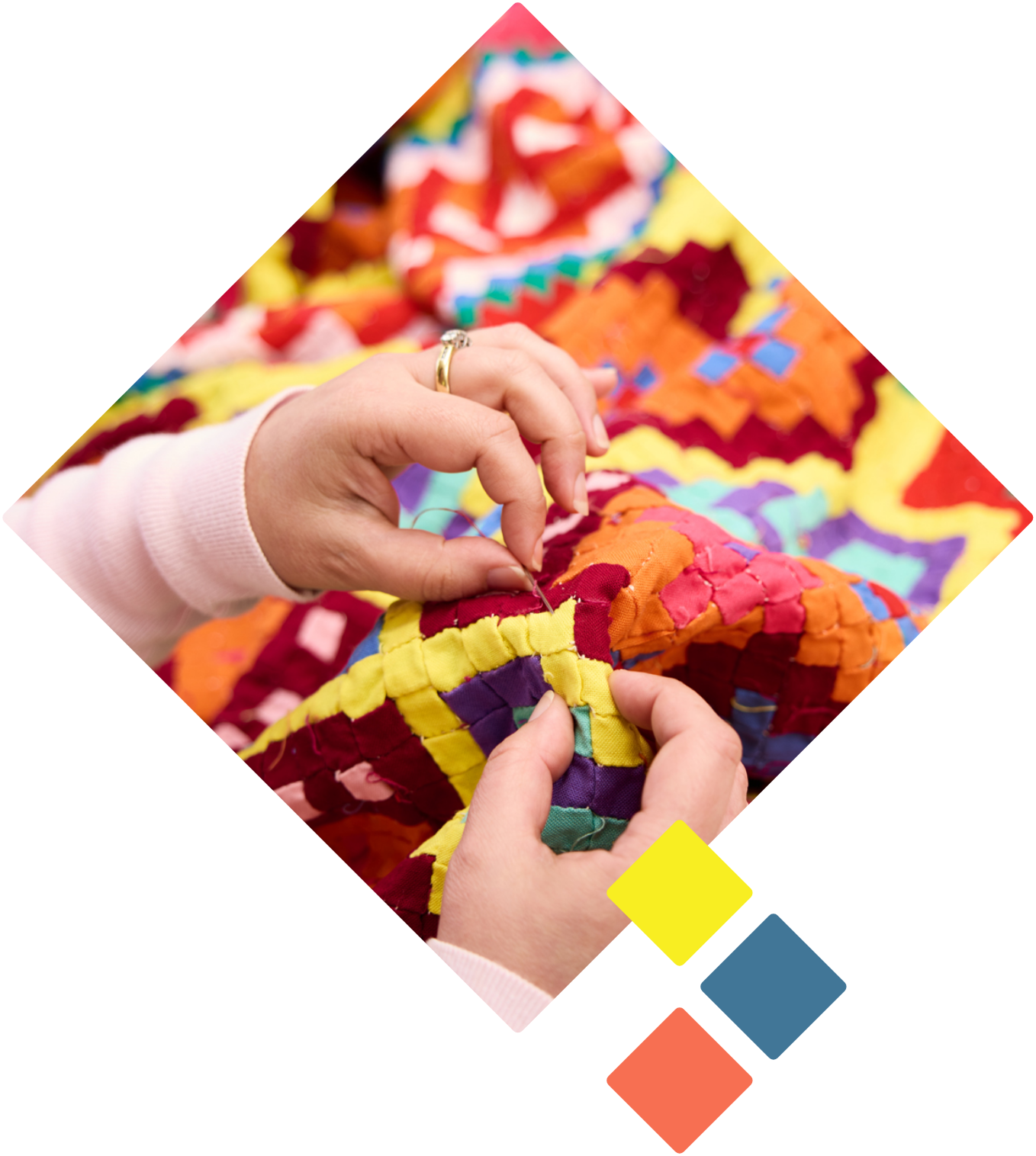 One Wahine (women) sewing a quilt
